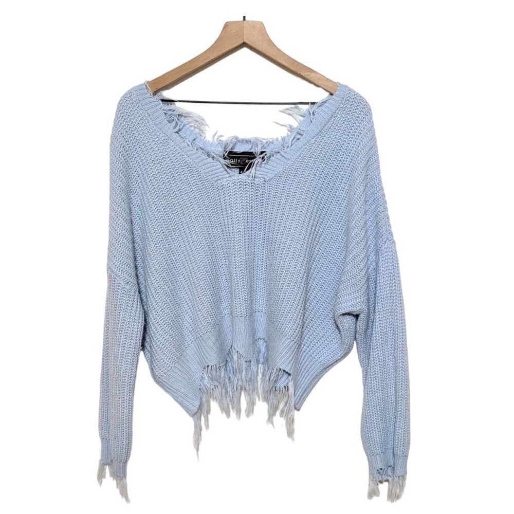 Polly & Esther Light Blue Distressed V-Neck Sweater